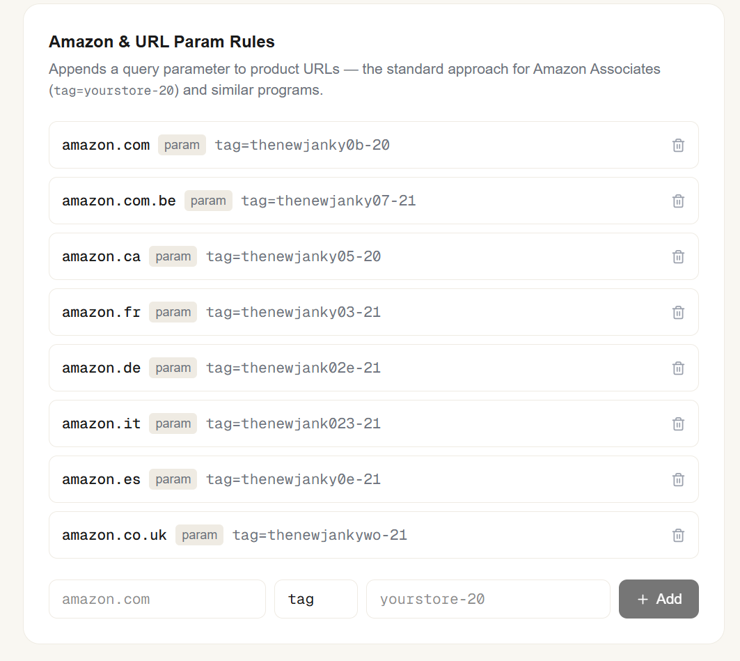 Affiliate Programs settings showing Amazon Associates tag rules applied automatically to gear list links